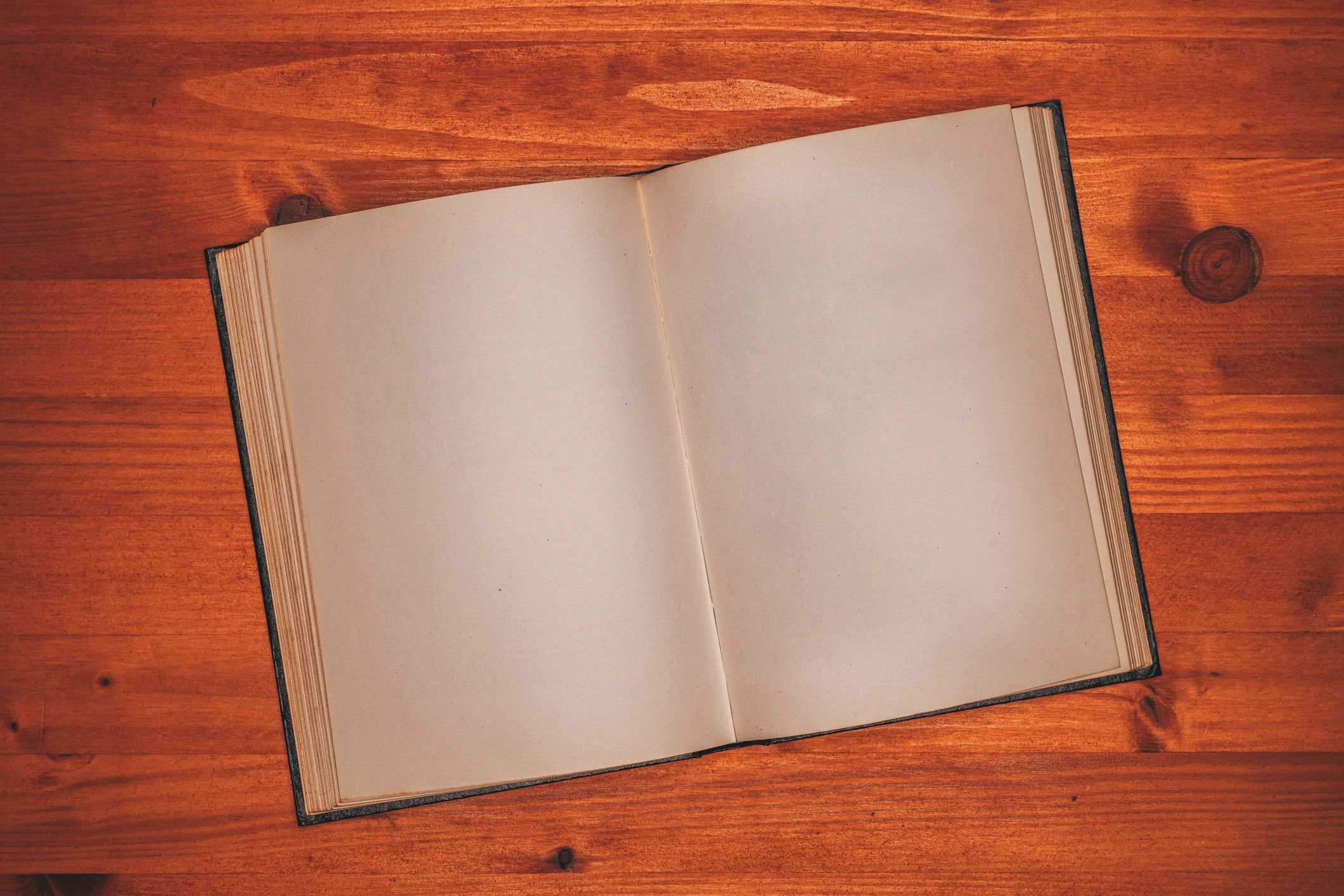 Open book on wooden desk with blank pages