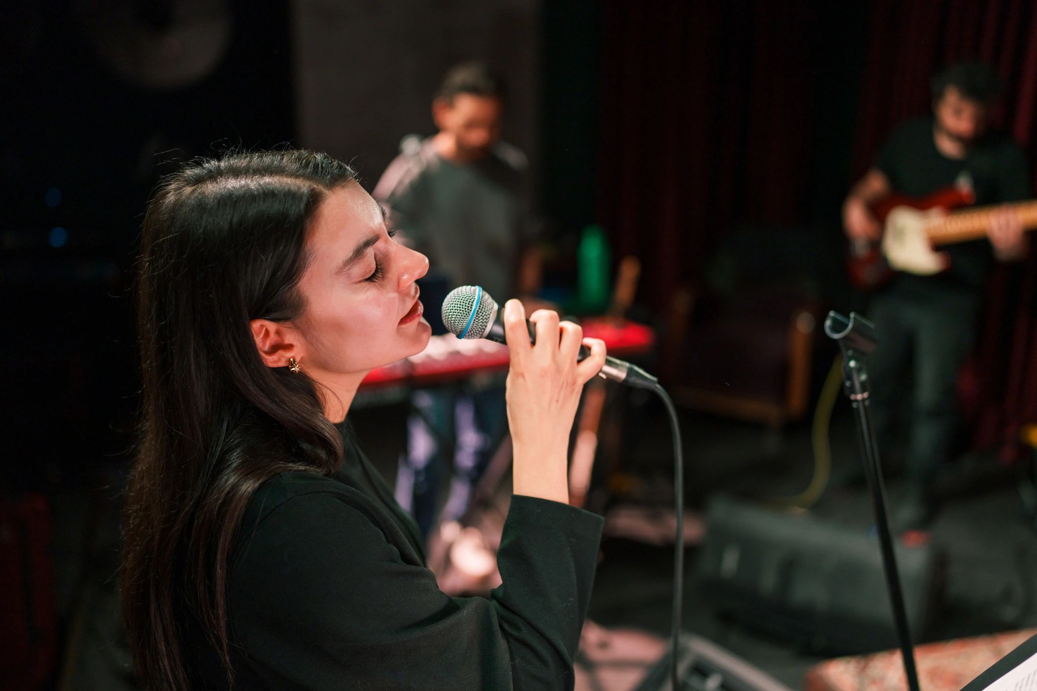 Performer at microphone from behind, warm stage lighting